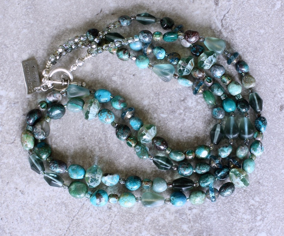 Chrysocolla Nugget 2-Strand Necklace with Czech Glass and Sterling Silver
