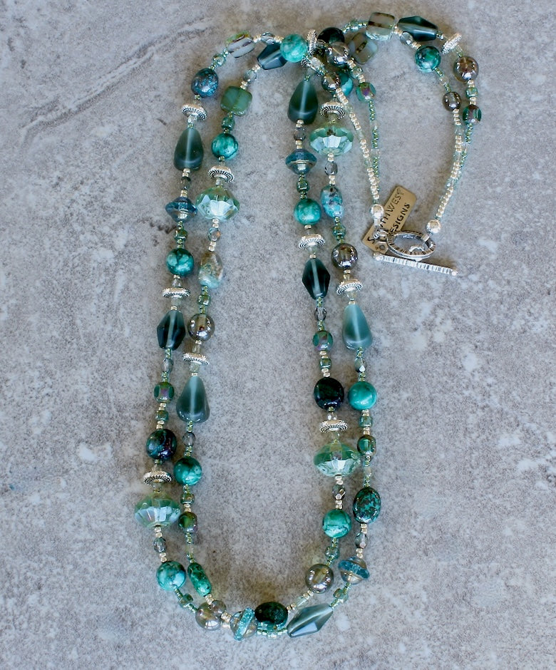 Chrysocolla, Sleeping Beauty Jasper and Czech Glass Necklace with Sterling Silver Beads & Toggle Clasp