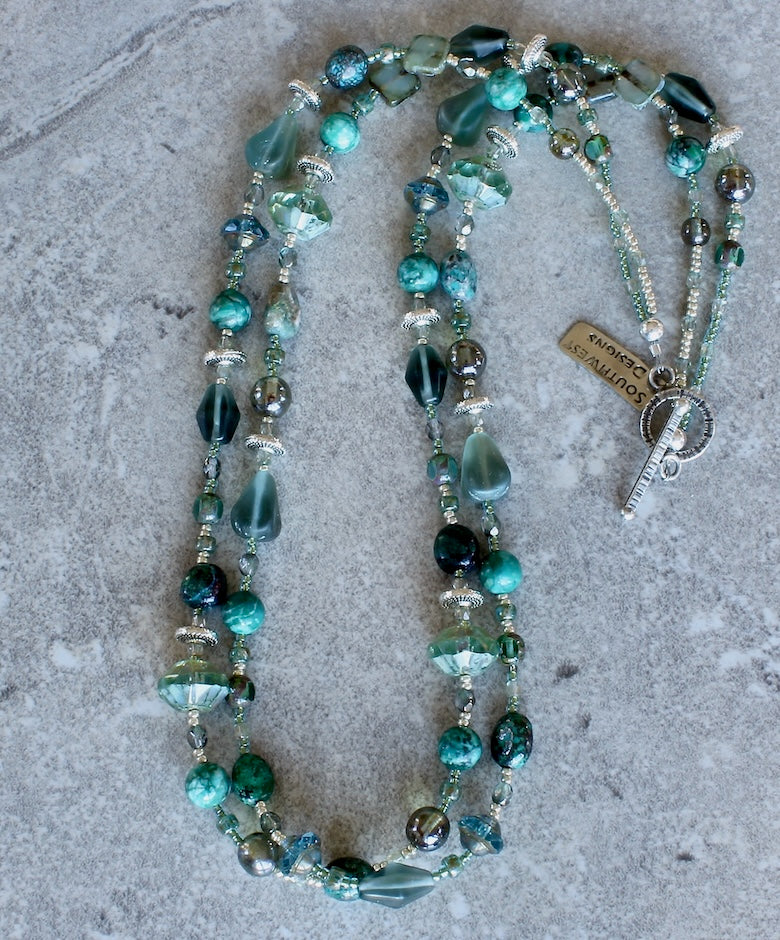 Chrysocolla, Sleeping Beauty Jasper and Czech Glass Necklace with Sterling Silver Beads & Toggle Clasp
