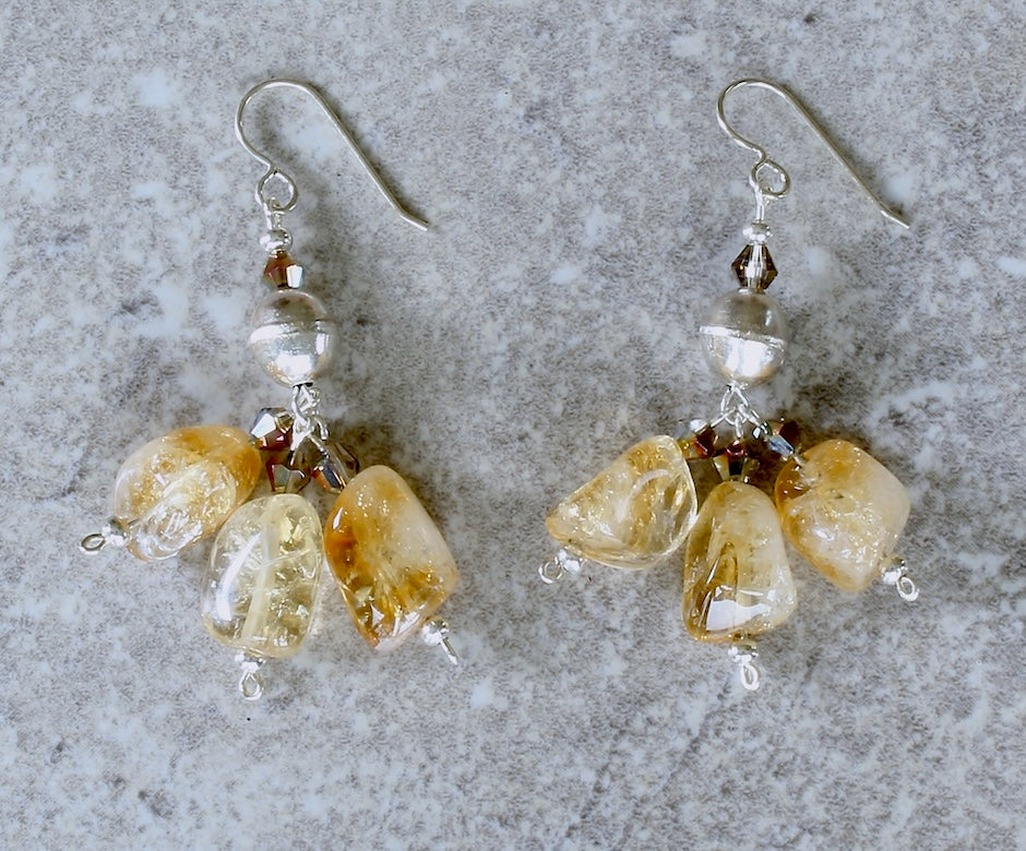 Citrine Nugget 3-Stone Clusters with Fire Polished Glass and Sterling Silver Beads and Earring Wires