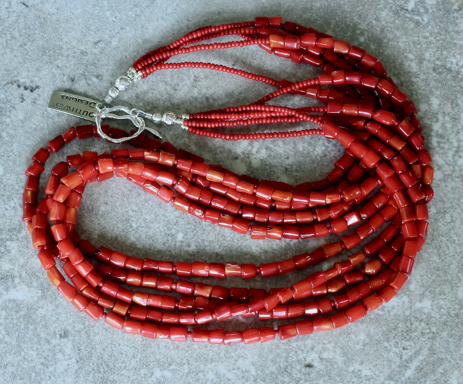 Bamboo Coral Cylinder Bead 5-Strand Necklace with Antique Pote Beads and Sterling