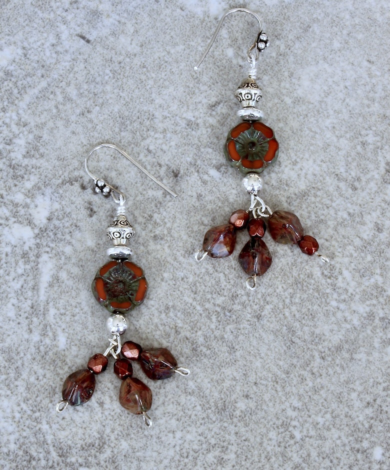 Picasso Coral Czech Glass Flower Rounds with Red-Amber Helix Beads, Czech Fire Polished Glass, and Sterling Silver Beads & Earring Wires