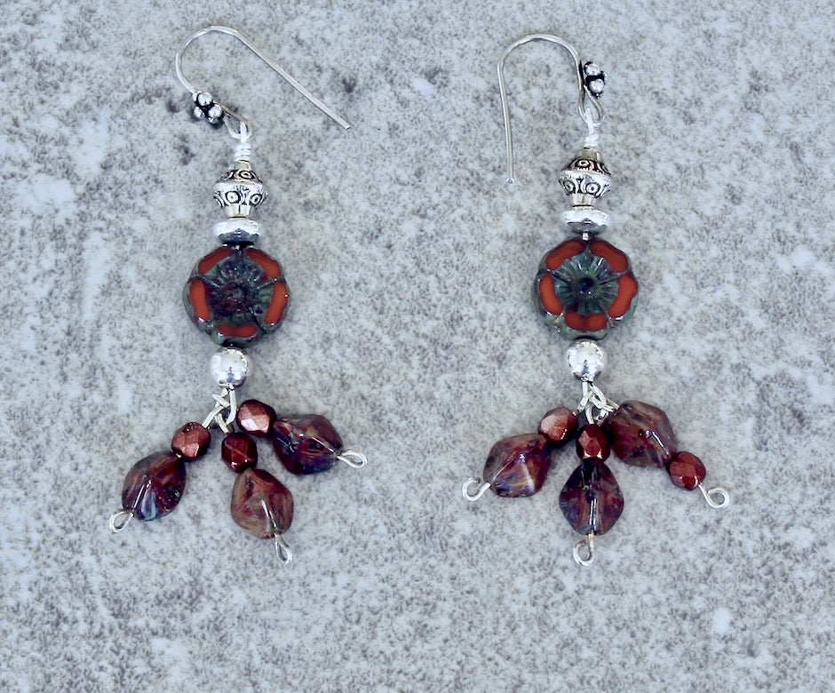 Picasso Coral Czech Glass Flower Rounds with Red-Amber Helix Beads, Czech Fire Polished Glass, and Sterling Silver Beads & Earring Wires