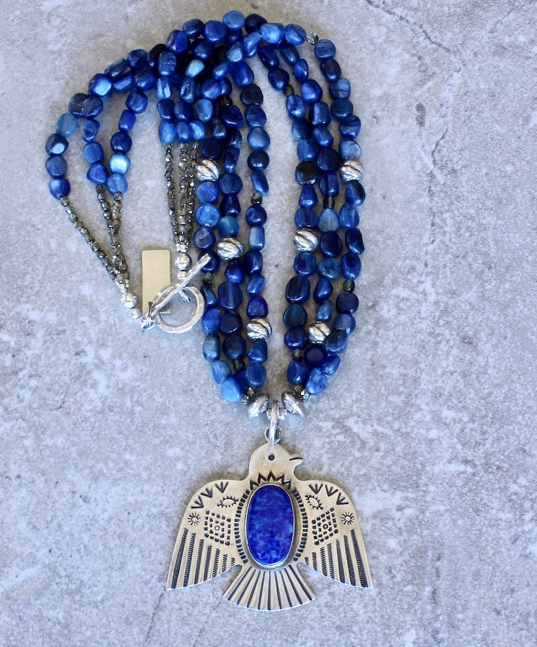 Lapis & Sterling Silver Thunderbird Pendant with 3 Strands of Kyanite Nuggets, Fire Polished Glass and Sterling Silver