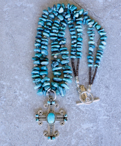 Dan Dodson Turquoise & Sterling Silver Cross Pendant with 2 Strands of Turquoise Nuggets, Czech Glass and Sterling Silver