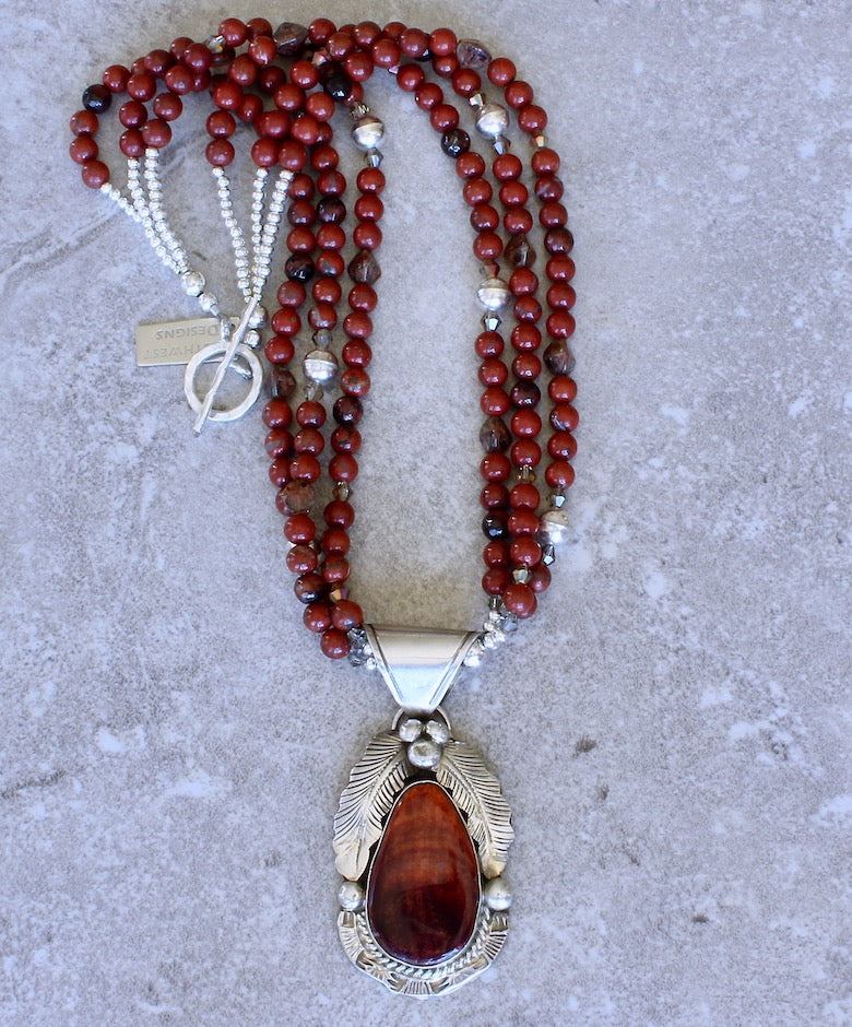 Gilbert Adakai Spiny Oyster Shell & Sterling Silver Pendant with 3 Strands of Red Agate Rounds, Red Tiger Eye Faceted Rounds, Czech Glass & Sterling