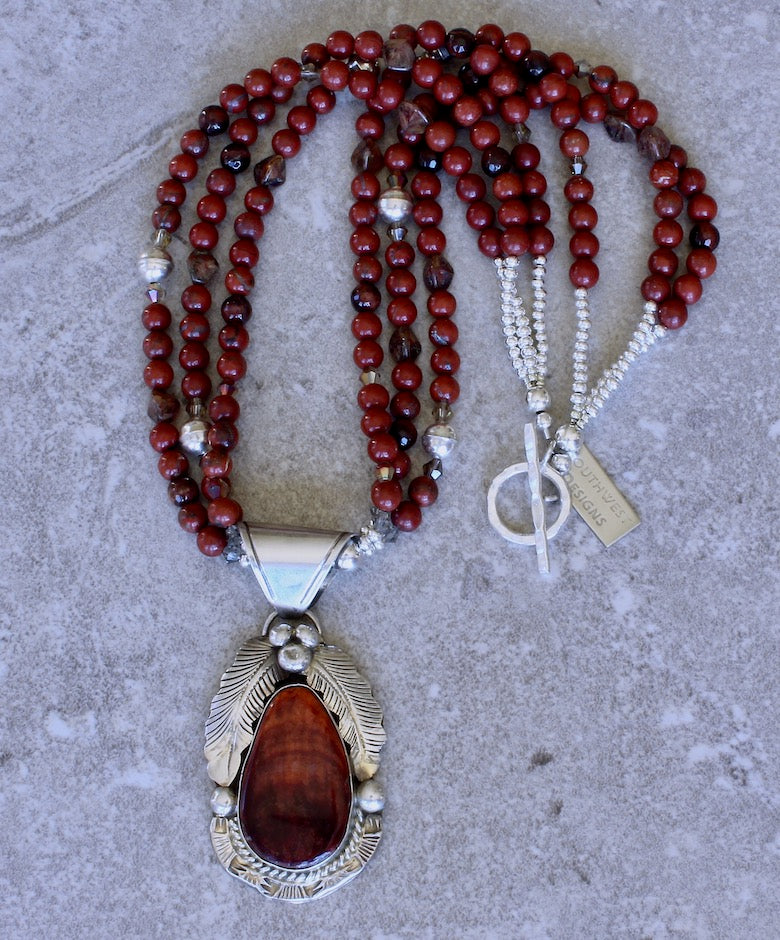 Gilbert Adakai Spiny Oyster Shell & Sterling Silver Pendant with 3 Strands of Red Agate Rounds, Red Tiger Eye Faceted Rounds, Czech Glass & Sterling
