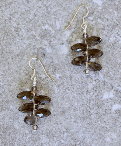 Translucent Gray End-Drilled Faceted Teardrop Earrings with Crystal Bicones and Sterling Silver Earring Wires