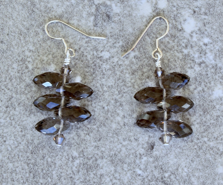 Translucent Gray End-Drilled Faceted Teardrop Earrings with Crystal Bicones and Sterling Silver Earring Wires