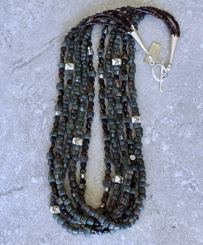 Green Glass Trade Bead 5-Strand Necklace with Czechoslovakian Nailheads and Sterling Silver