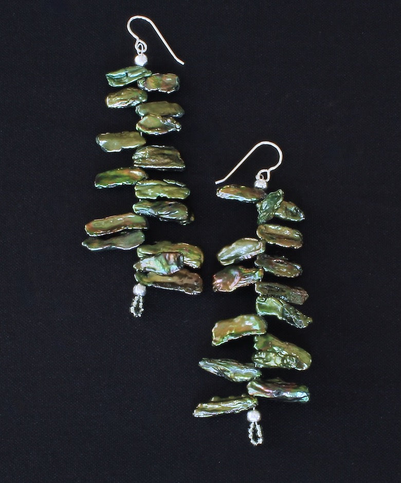 Green Keshi Pearl Spike Earrings with Olive Seed Beads and Sterling Silver