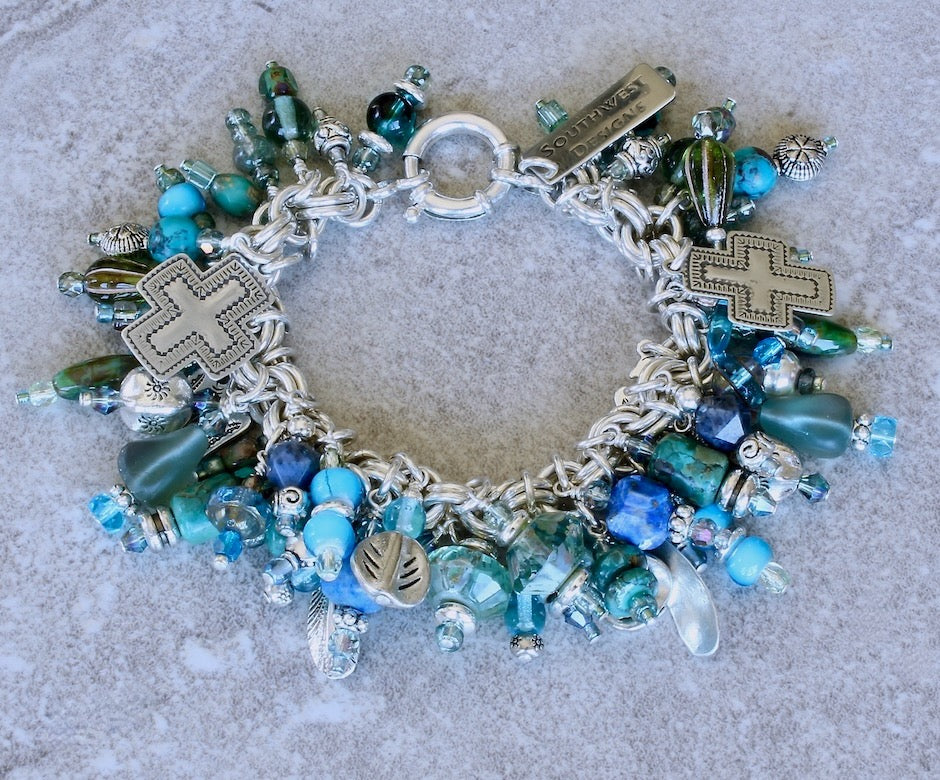 56-Charm Turquoise, Lapis, Dumortierite, Czech Glass and Sterling Silver Charm Bracelet
