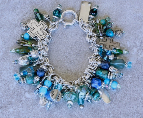56-Charm Turquoise, Lapis, Dumortierite, Czech Glass and Sterling Silver Charm Bracelet