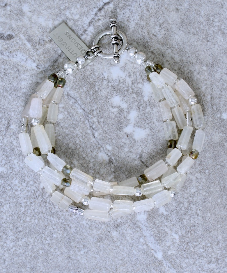 Ivory Glass Rectangles 4-Strand Bracelet with Czech Glass and Sterling Silver