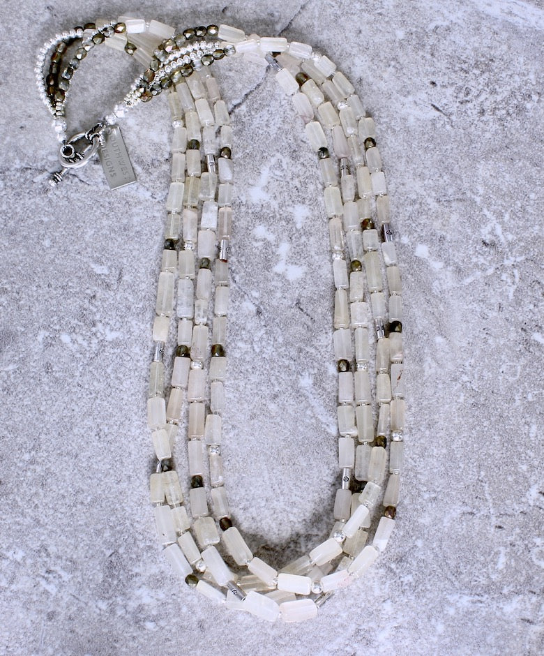 Ivory Glass Rectangles 4-Strand Necklace with Czech Glass and Sterling Silver