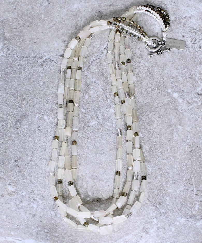 Ivory Glass Rectangles 4-Strand Necklace with Czech Glass and Sterling Silver