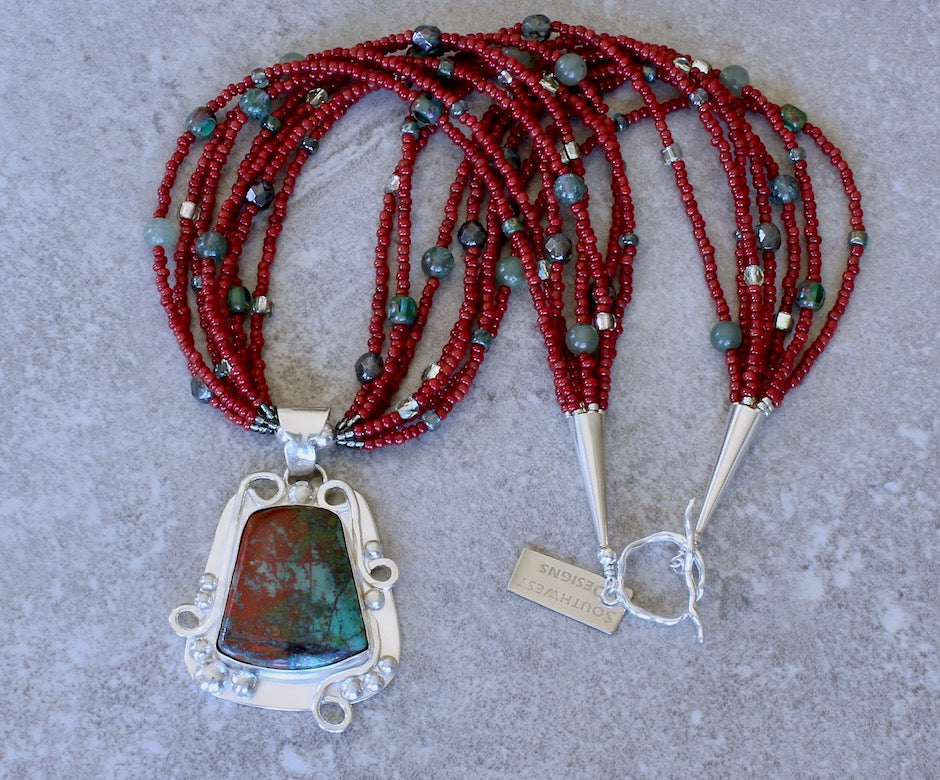 Sonora Sunset and Sterling Silver Pendant with 7 Strands of Pote Beads, Rutilated Quartz, Czech Glass and Sterling Silver