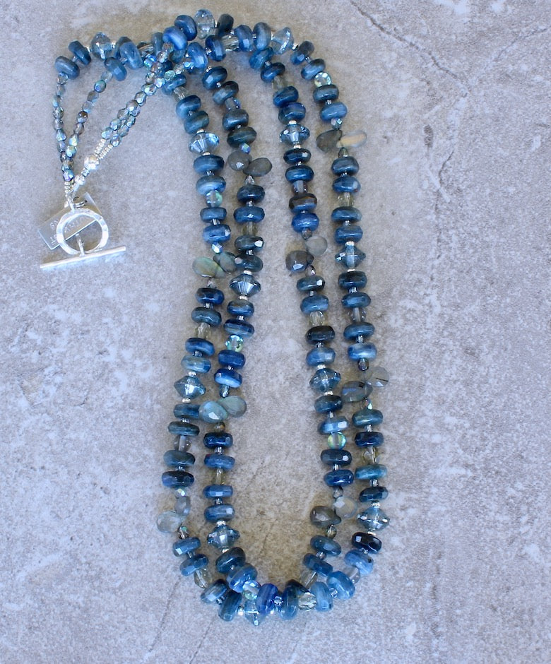 Kyanite Faceted Rondelle Bead 2-Strand Necklace with Labradorite, Czech Glass and Sterling Silver