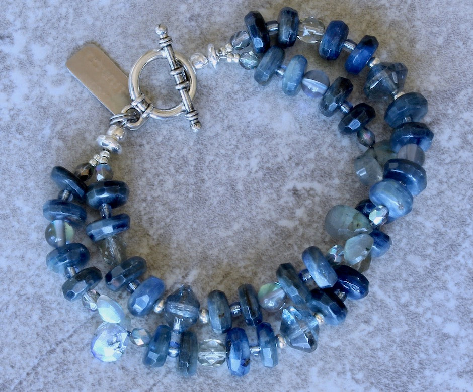 Kyanite Faceted Rondelle Bead 2-Strand Bracelet with Labradorite, Czech Glass and Sterling