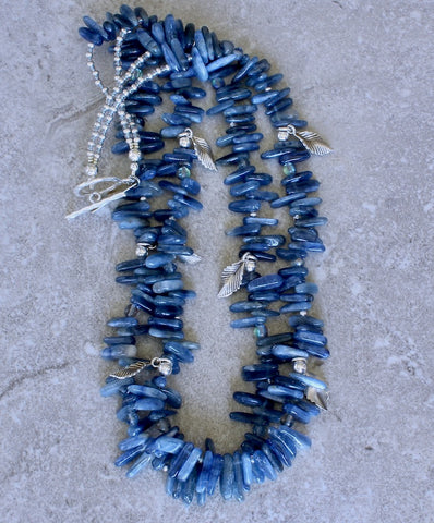Kyanite Briolette 2-Strand Necklace with Blue Mystic Quartz and Sterling Silver Rounds, Leaf Charms and Toggle Clasp