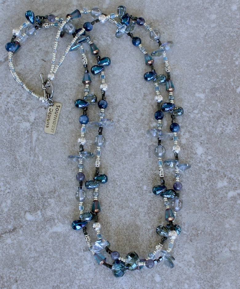 Kyanite, Iolite and Czech Glass 2-Strand Necklace with a Silver Toggle Clasp