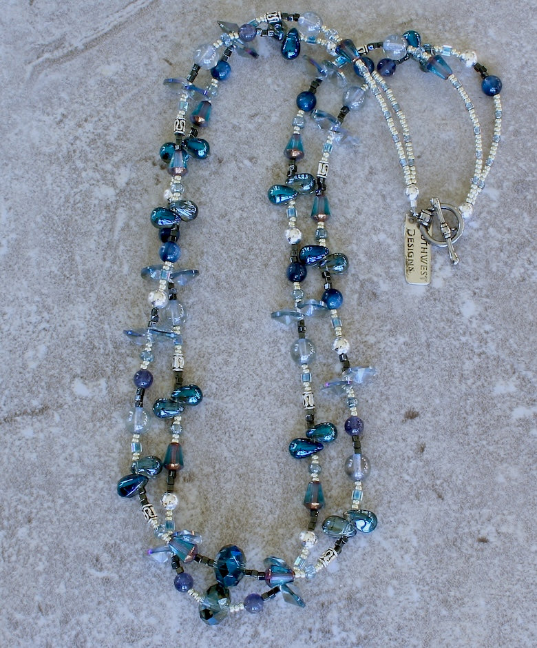 Kyanite, Iolite and Czech Glass 2-Strand Necklace with a Silver Toggle Clasp