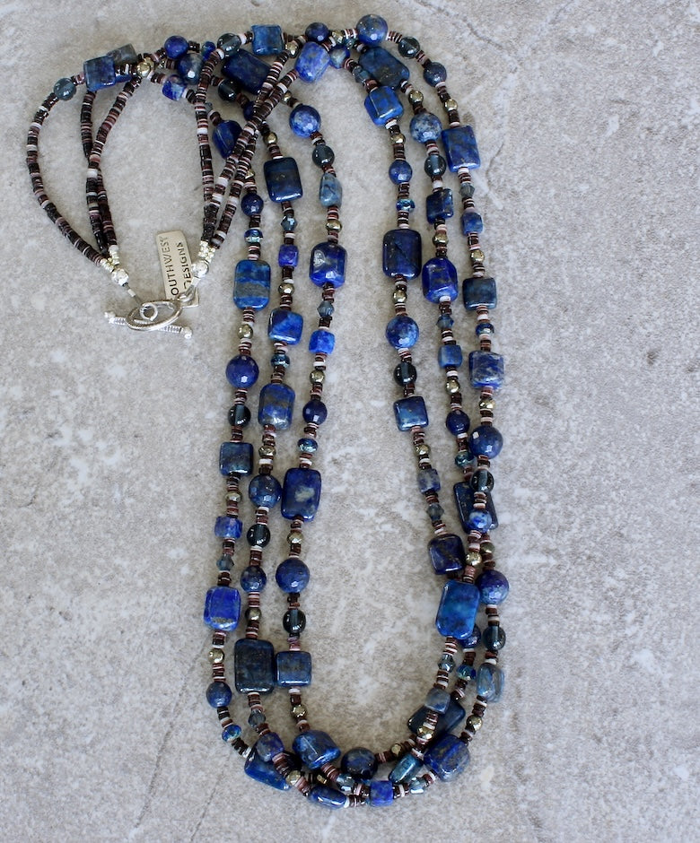 Lapis Lazuli 3-Strand Necklace with Pyrite, Czech Glass, Oyster Shell Heishi and Sterling Silver