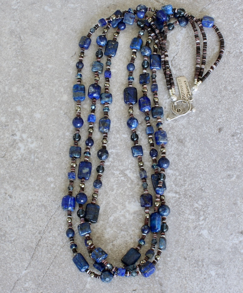 Lapis Lazuli 3-Strand Necklace with Pyrite, Czech Glass, Oyster Shell Heishi and Sterling Silver