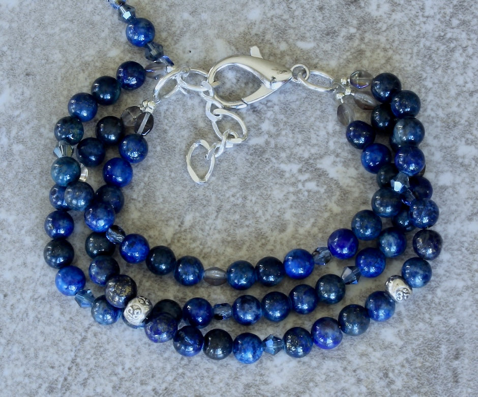 Lapis Lazuli Rounds 3-Strand Bracelet with Hill Tribe Silver, Czech Glass and a Sterling Silver Lobster Clasp & Extension Chain