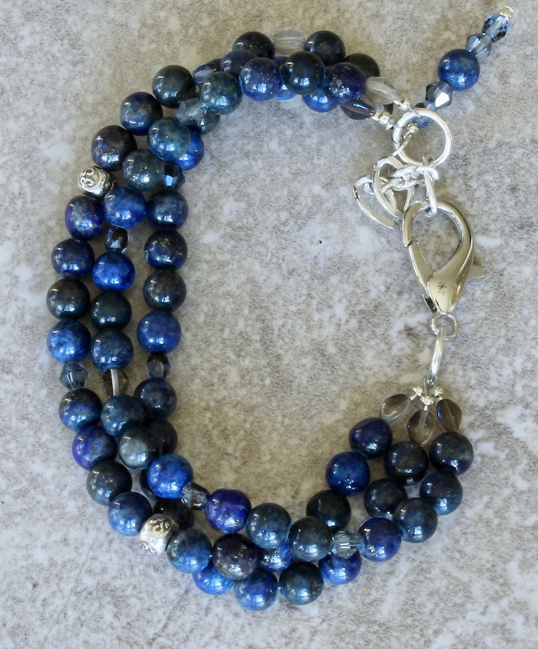 Lapis Lazuli Rounds 3-Strand Bracelet with Hill Tribe Silver, Czech Glass and a Sterling Silver Lobster Clasp & Extension Chain
