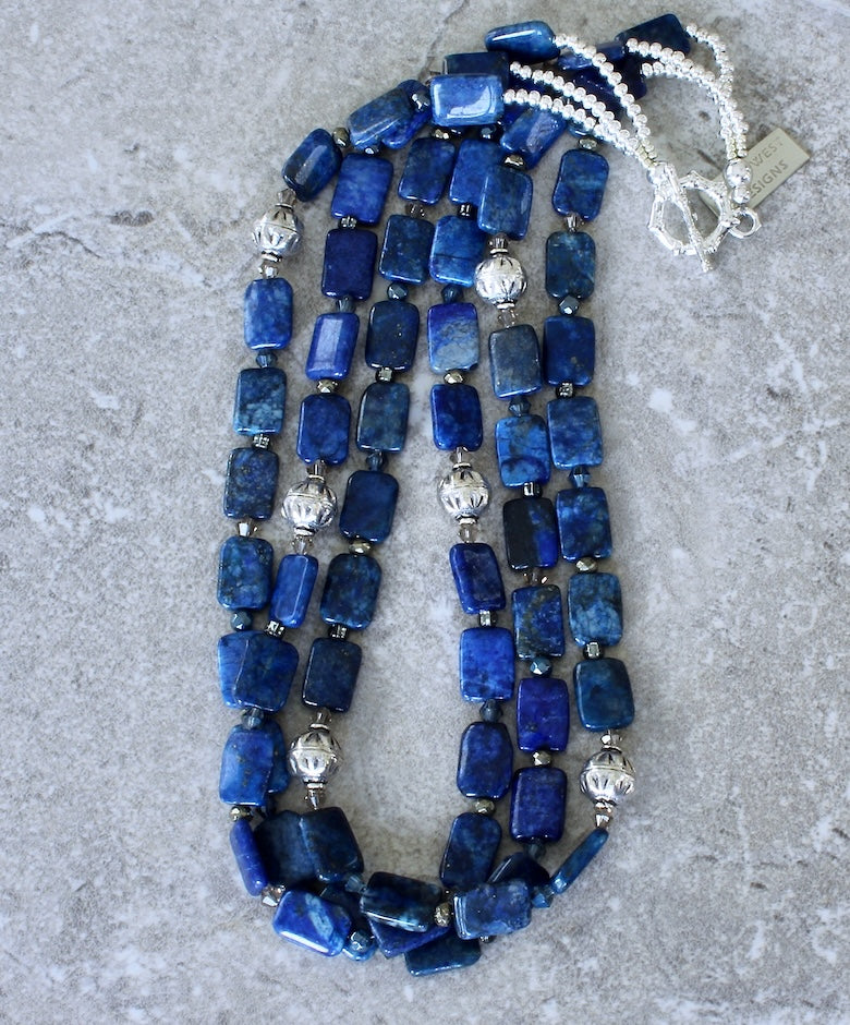 Lapis Lazuli Rectangles 3-Strand Necklace with Czech Glass and Sterling Silver