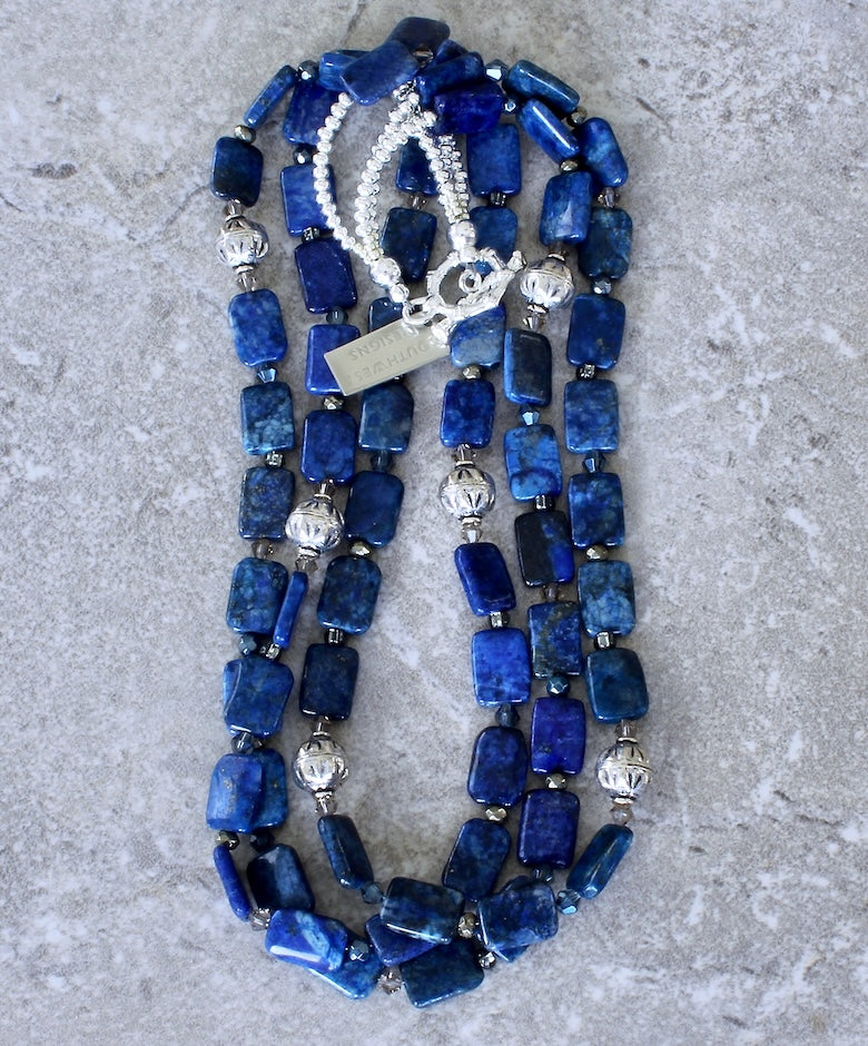 Lapis Lazuli Rectangles 3-Strand Necklace with Czech Glass and Sterling Silver