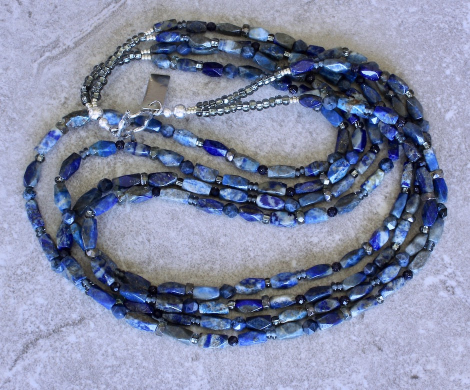 Lapis Lazuli Faceted Rectangles 4-Strand with Blue Sandstone, Dumortierite, Czech Glass and Sterling