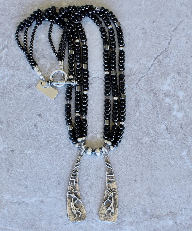 Merle House Tufa Cast 2-Pendant Necklace with Onyx, Hematite, Crystal and Sterling Silver