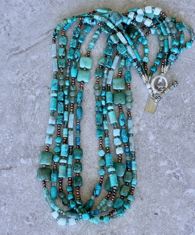 5-Strand Mixed Turquoise Necklace with Gemstones, Czech Glass and Sterling Silver