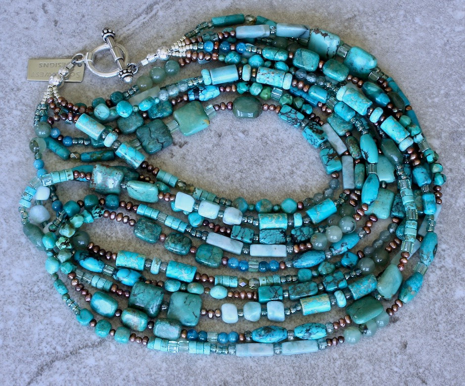 Mixed Turquoise 5-Strand Necklace with Gemstones, Czech Glass and Sterling Silver