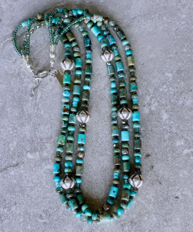 Mixed Turquoise 3-Strand Necklace with Hill Tribe Silver, Czech Glass and Sterling Silver