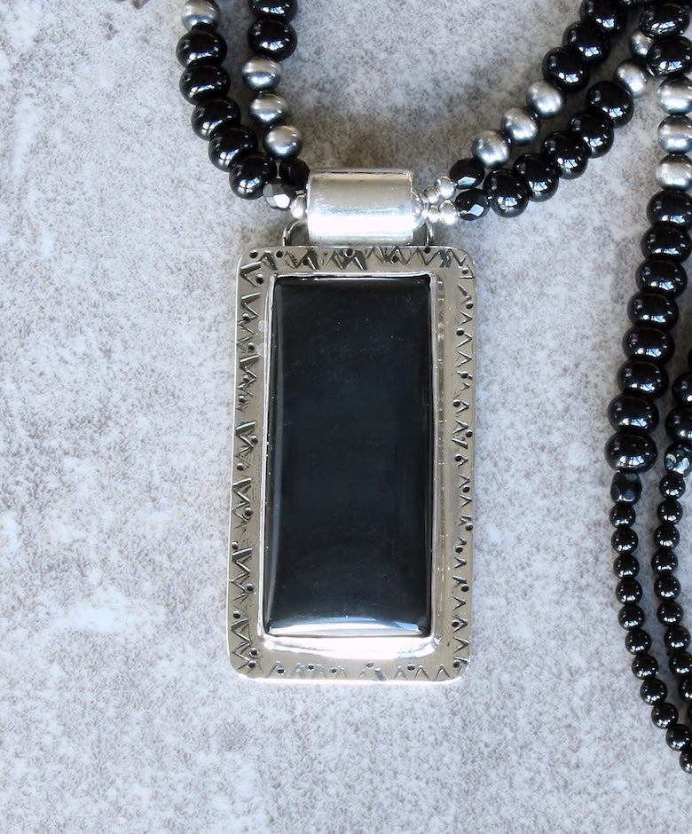 Mono Lake Obsidian and Sterling Silver Pendant with Onyx, Oxidized Sterling Rounds, and A Sterling Silver Toggle Clasp