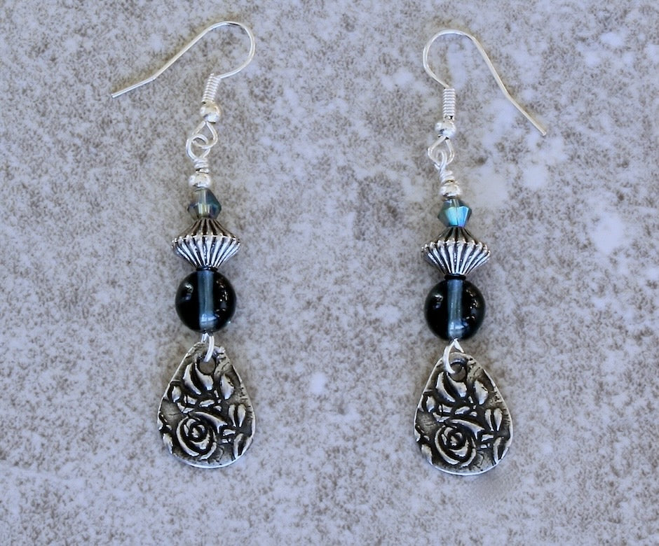 Steel Blue Czech Druk Glass Rounds with TierraCast Floral Charms and Sterling Silver