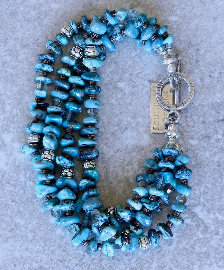 Nevada Turquoise Nugget 4-Strand Bracelet with Olive Shell Heishi, Czech Glass and Sterling Silver
