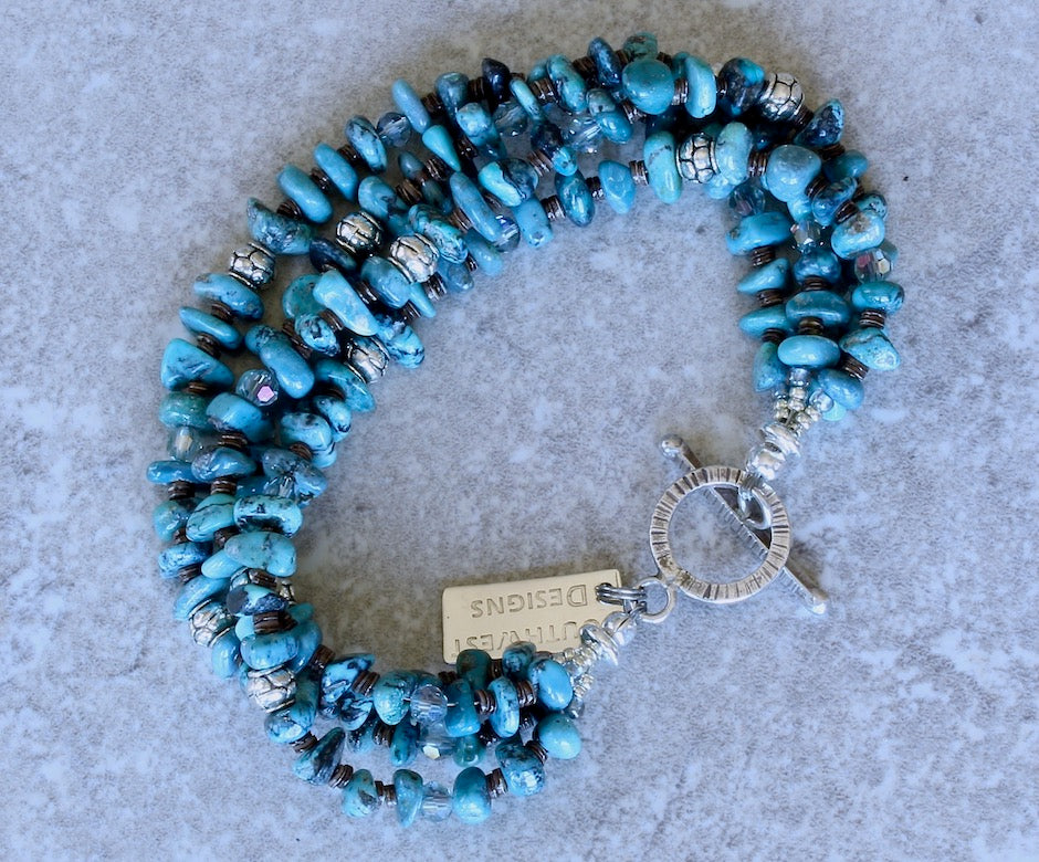 Nevada Turquoise Nugget 4-Strand Bracelet with Olive Shell Heishi, Czech Glass and Sterling Silver