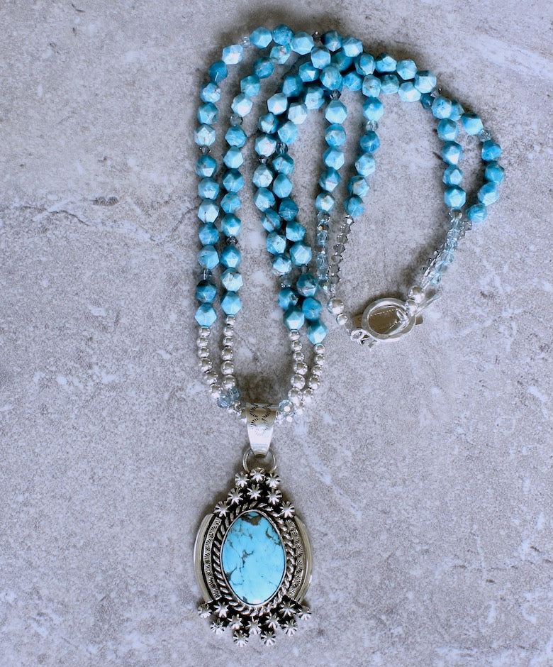 Navajo Turquoise & Sterling Silver Concho Button Pendant with Apatite and Sterling Silver