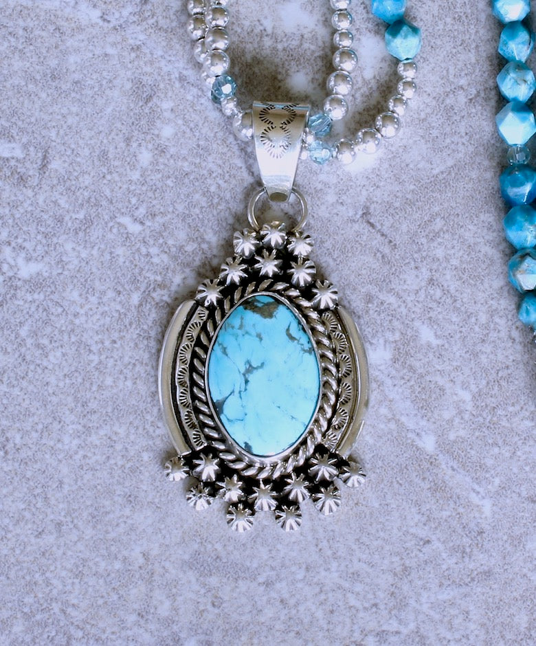 Navajo Turquoise & Sterling Silver Concho Button Pendant with Apatite and Sterling Silver