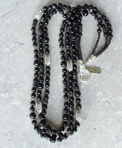 Black Onyx Rounds 3-Strand Necklace with Hill Tribe Silver, Czech Glass, Hematite and a Sterling Silver Toggle Clasp
