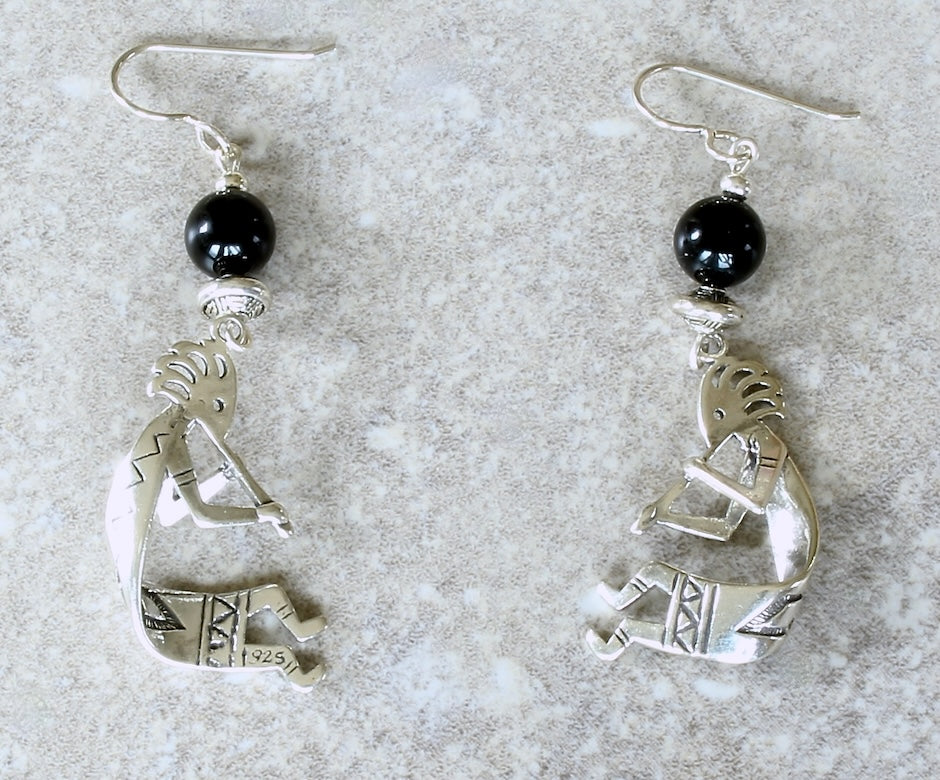 Onyx and Sterling Silver Kokopelli Earrings with Sterling Silver Beads and Earring Wires