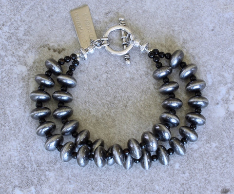 Oxidized Silver 2-Strand Rondelle Bead Bracelet with Black Agate Rounds and Sterling Silver