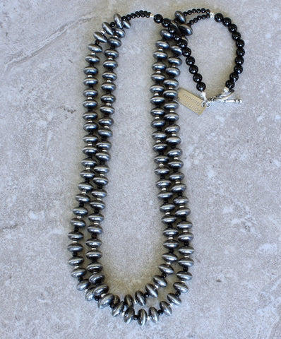 Oxidized Silver 2-Strand Rondelle Bead Necklace with Black Agate Rounds and Sterling Silver