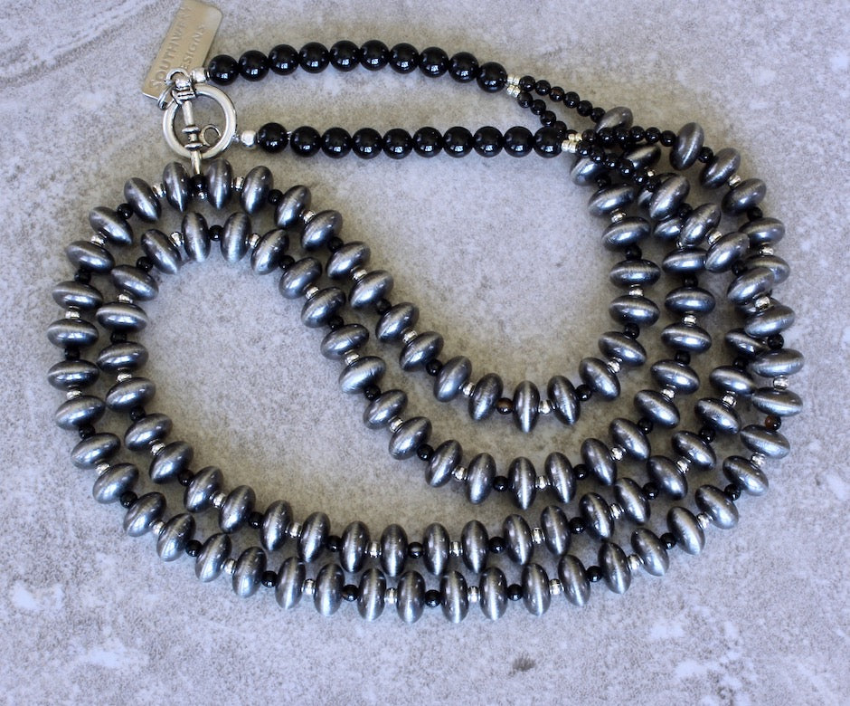 Oxidized Silver 2-Strand Rondelle Bead Necklace with Black Agate Rounds and Sterling Silver