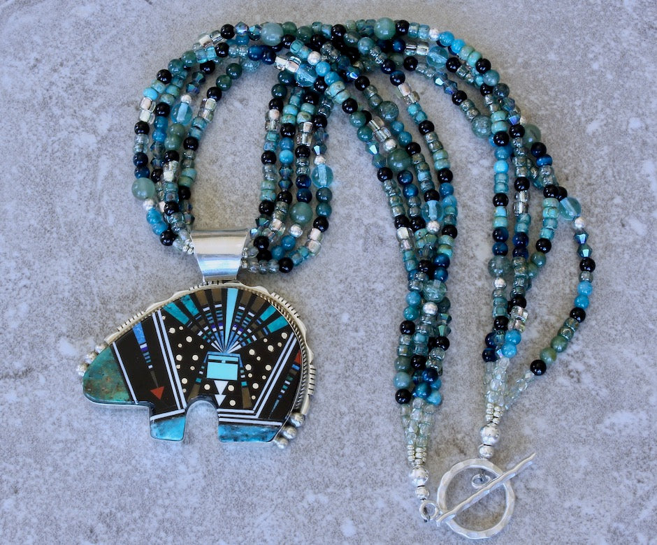 Ray Jack Gemstone & Sterling Silver Inlaid Navajo Bear Pendant with 4 Strands of Gemstones, Czech Glass & Sterling