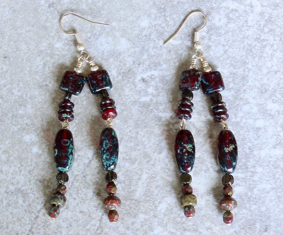Red Art Glass 2-Dangle Earrings with Sterling Silver Earring Wires